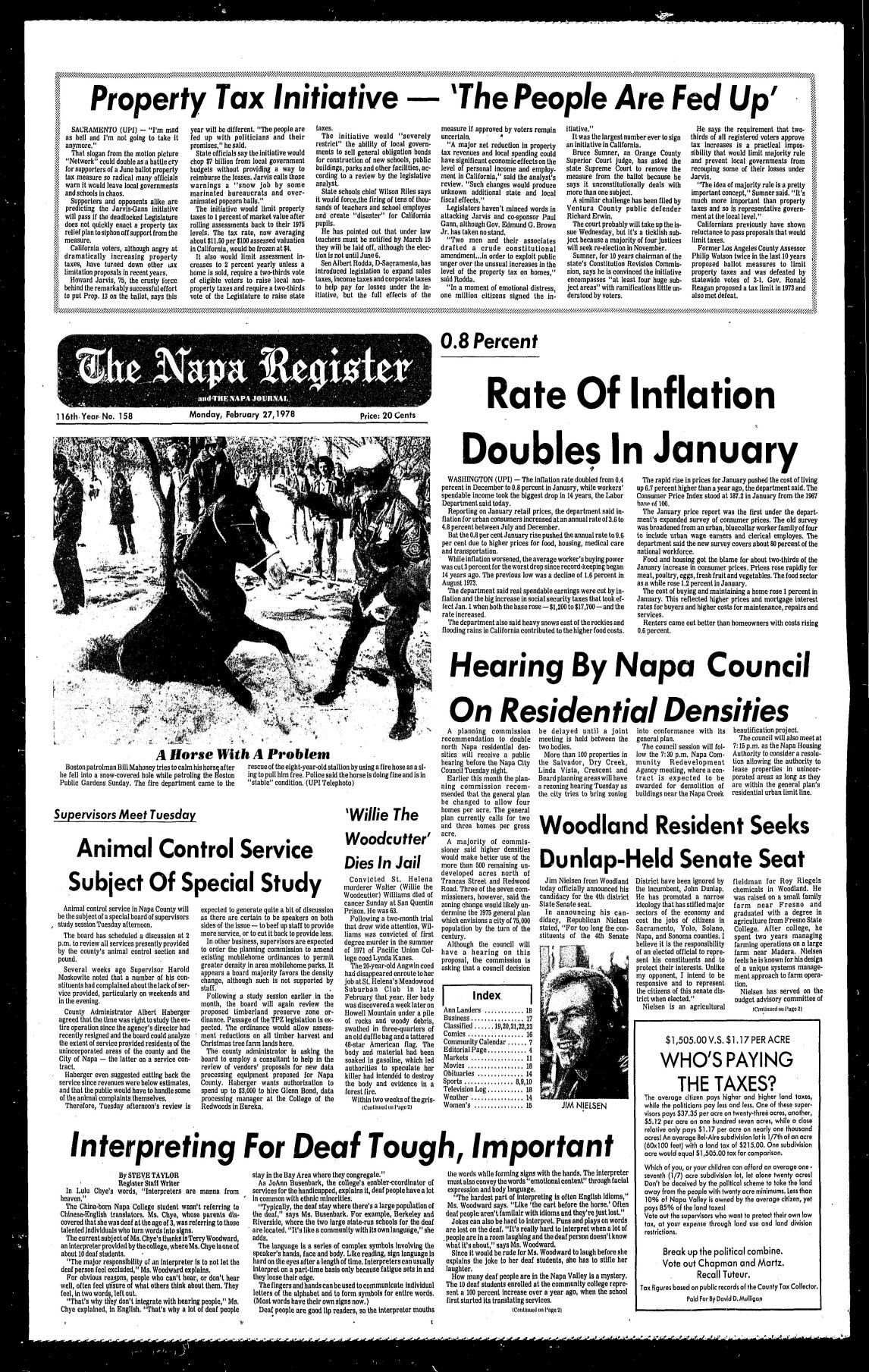 Willie the Woodcutter murder and Napa Register coverage: 02/27/78 page 1
